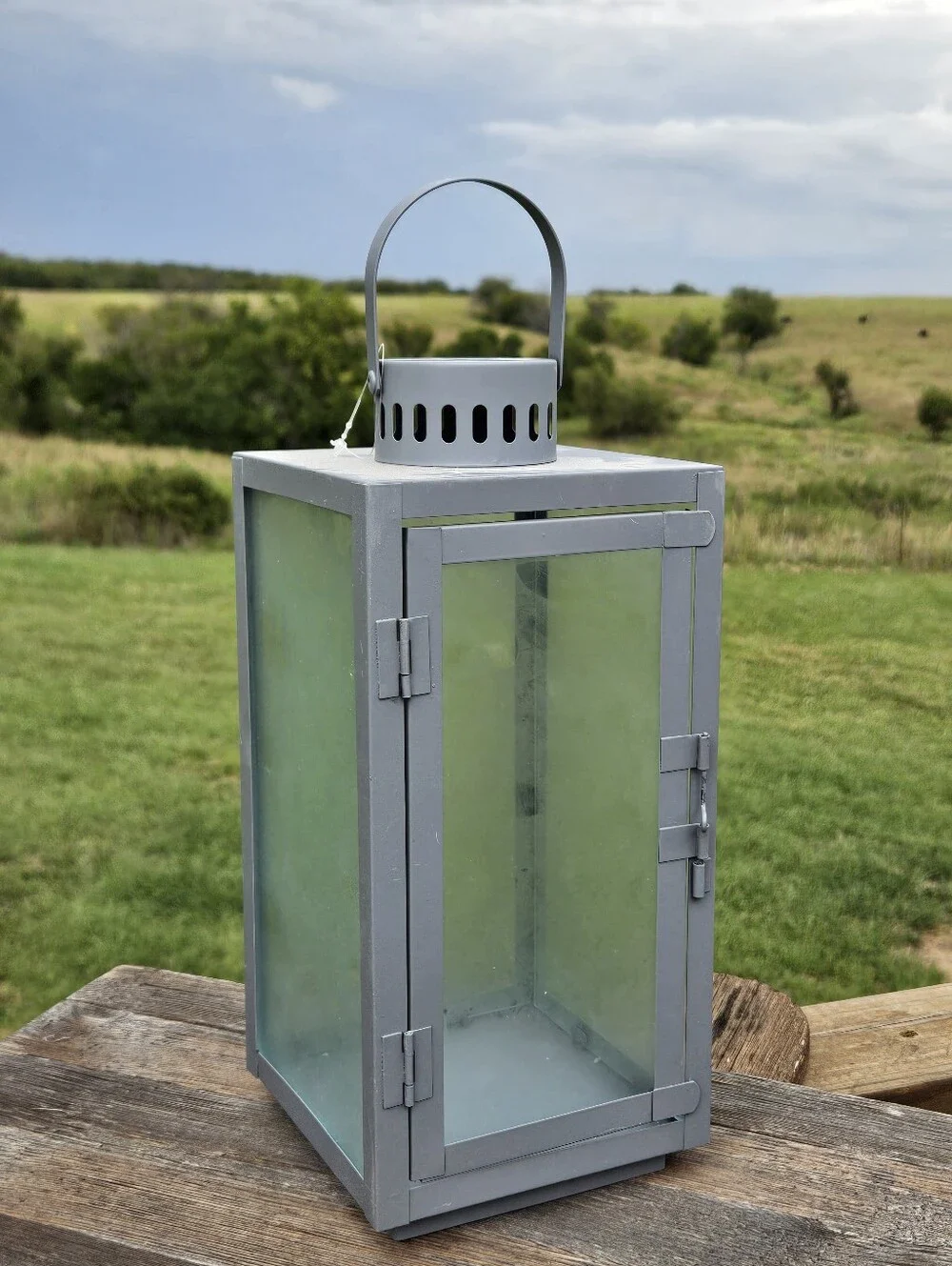 Gray Metal Candle Lantern Rustic Farmhouse Decor Glass Holder Fits 3x3 Pillar